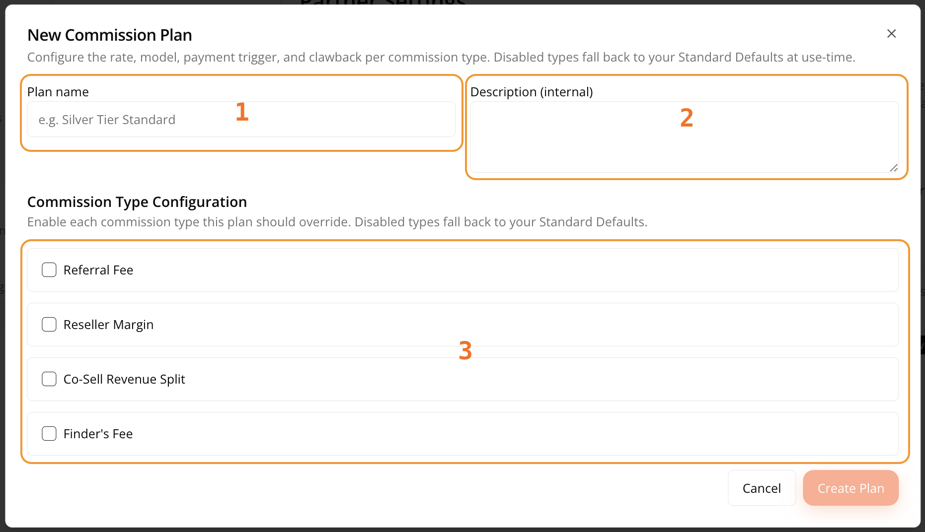Custom plan editor with commission types to enable
