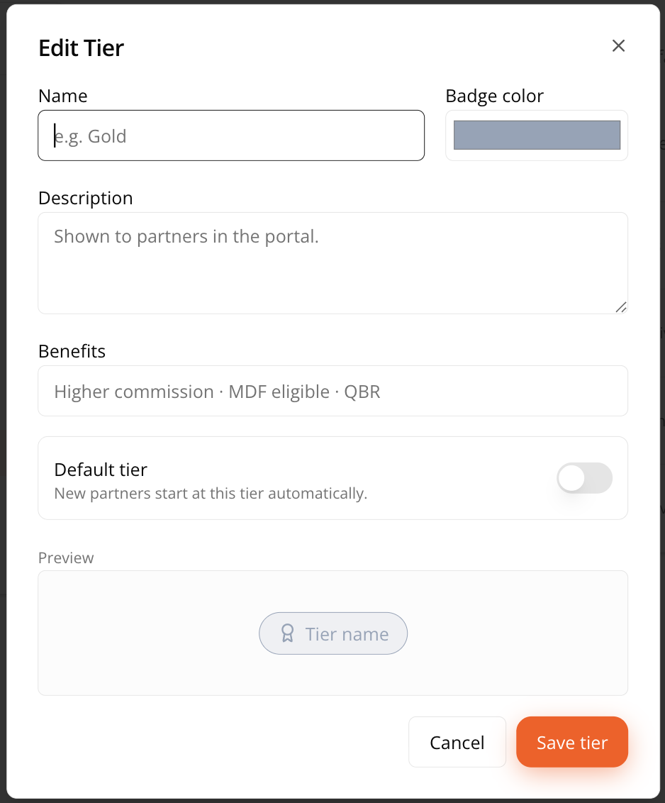 Tier creation form with name, badge color, description, benefits, and default tier fields