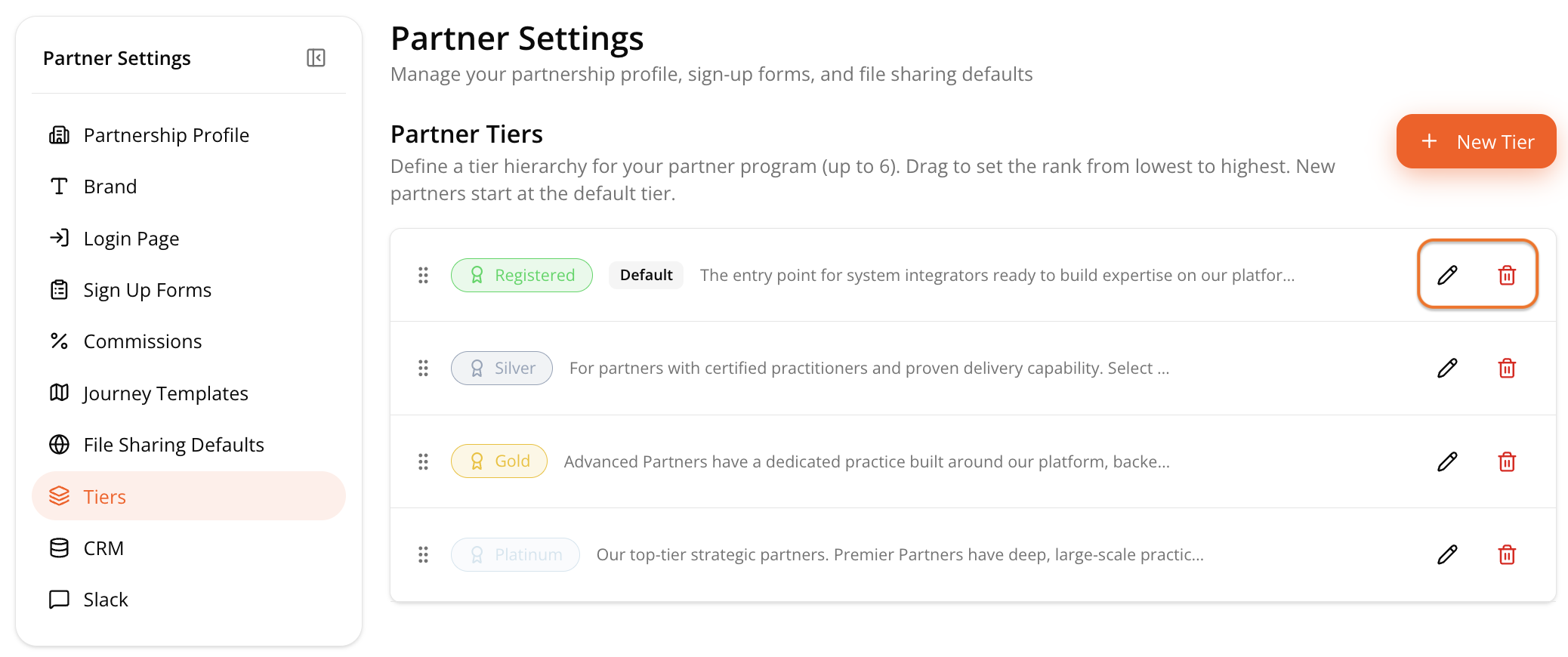 Edit and delete icons on a tier row