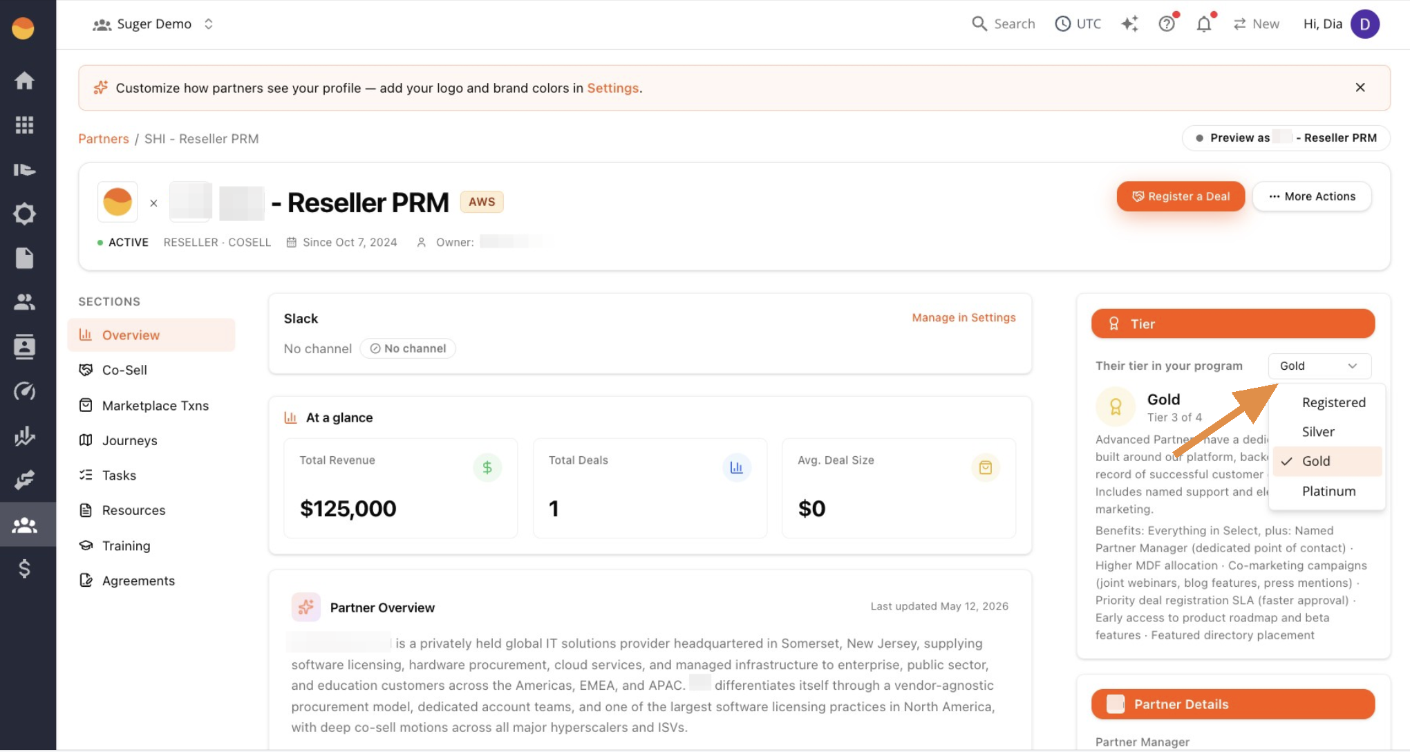 Tier card in the partner Overview sidebar with a tier dropdown