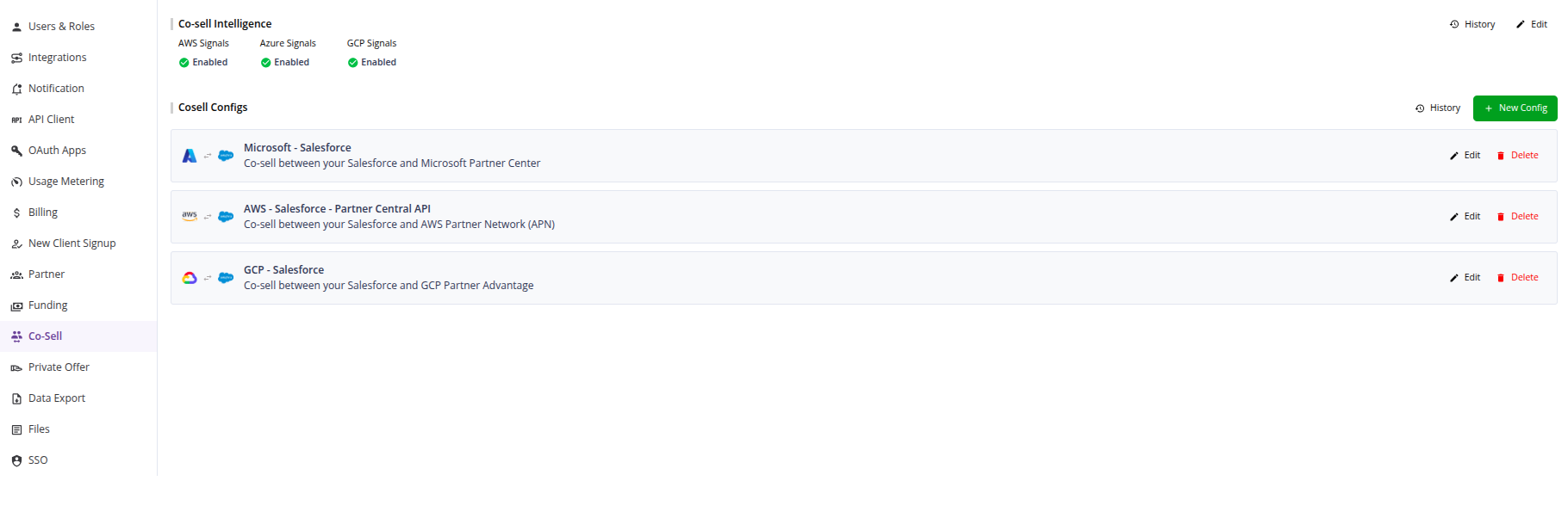 A sample Settings > Co-sell page with all configurations