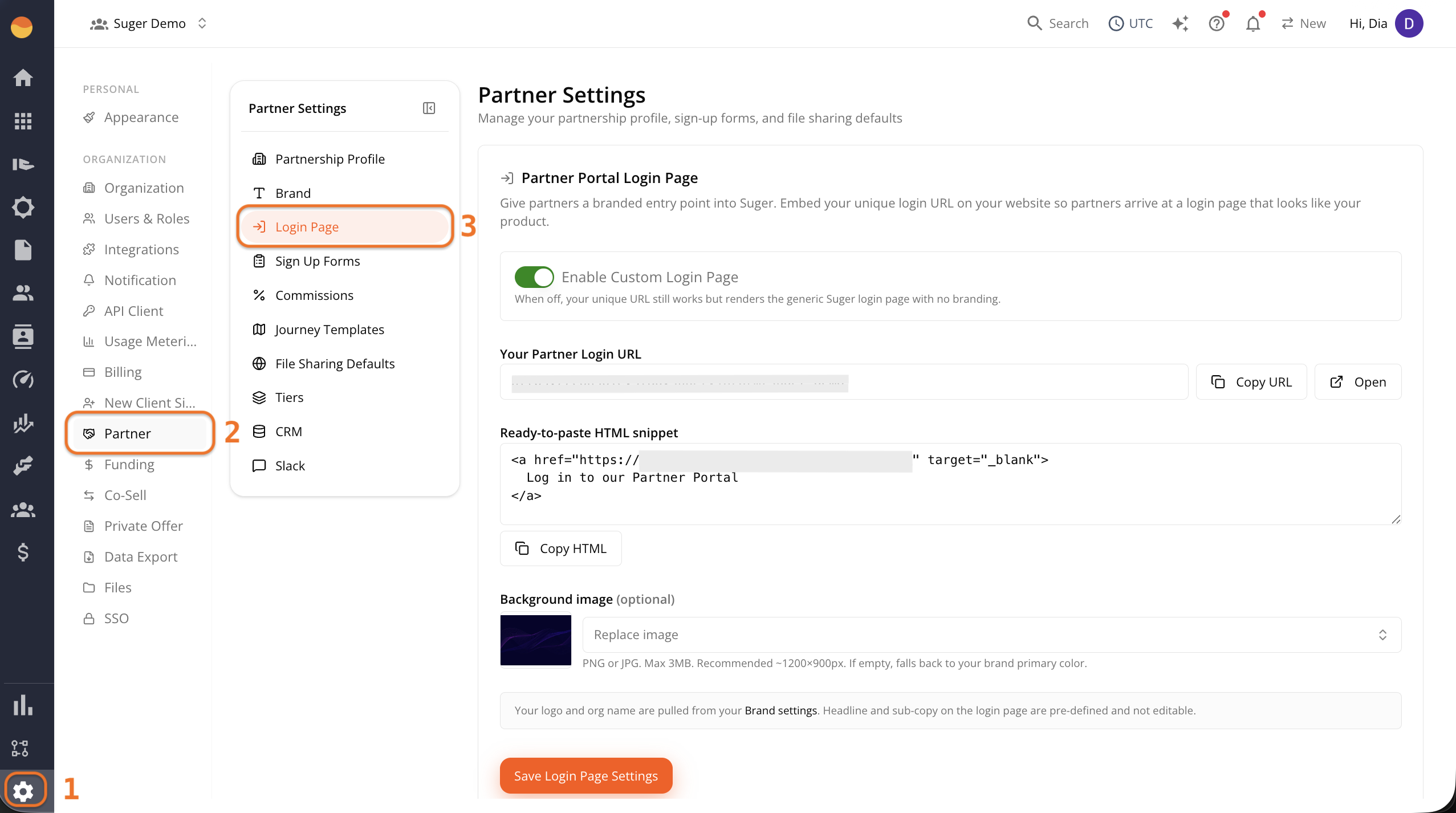 Login Page settings under Settings → Partner in the Suger Console
