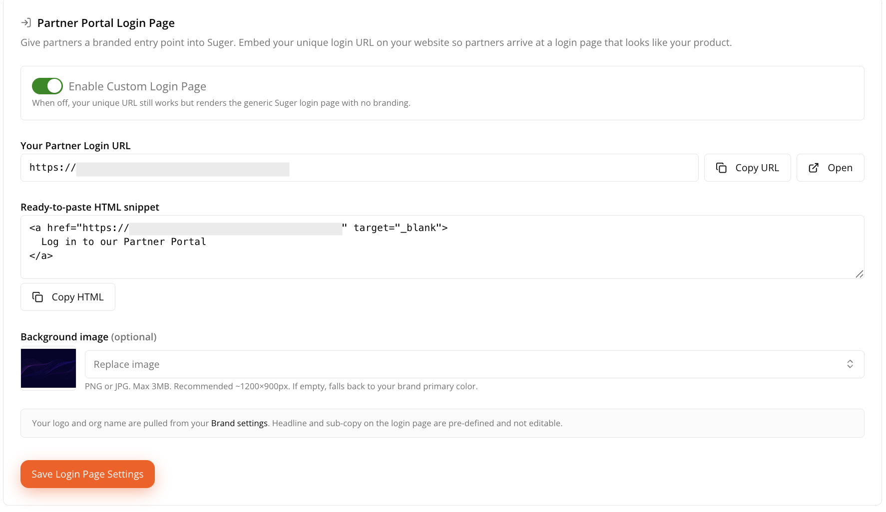Partner Portal login page settings with branding, login URL, HTML snippet, and background image options