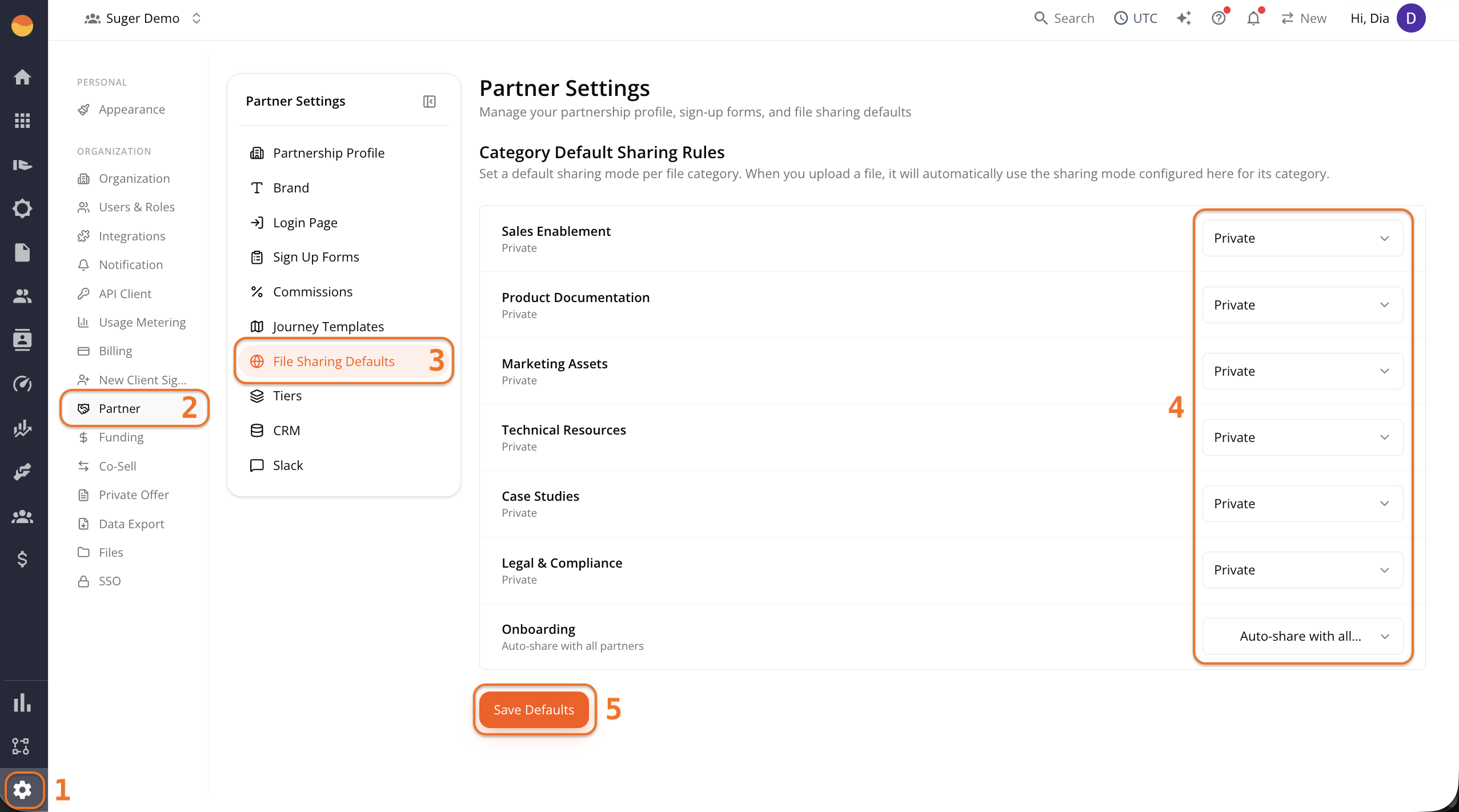 File Sharing Defaults settings with a sharing dropdown open for a category