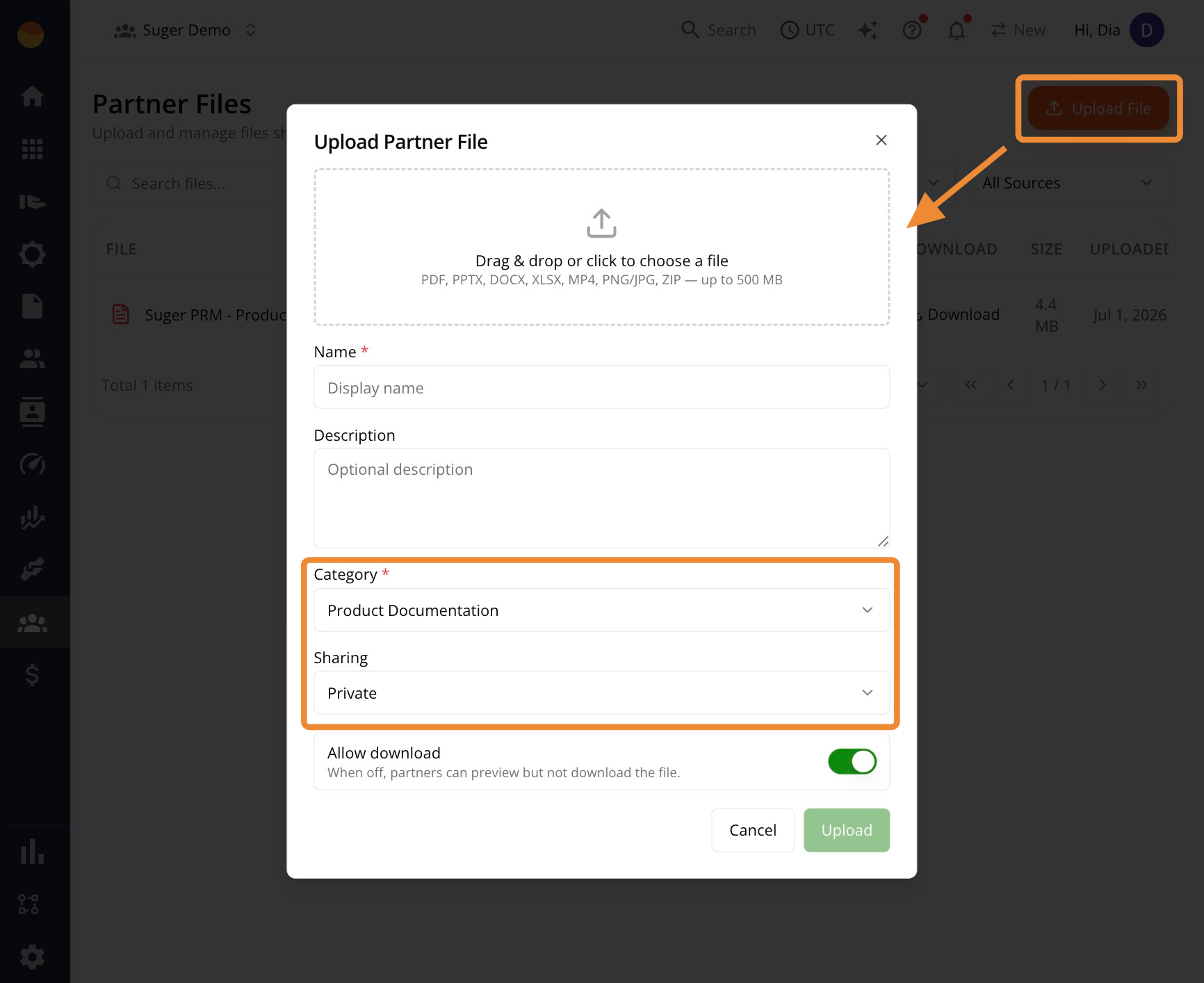 File upload dialog with the Sharing field pre-filled from the category default