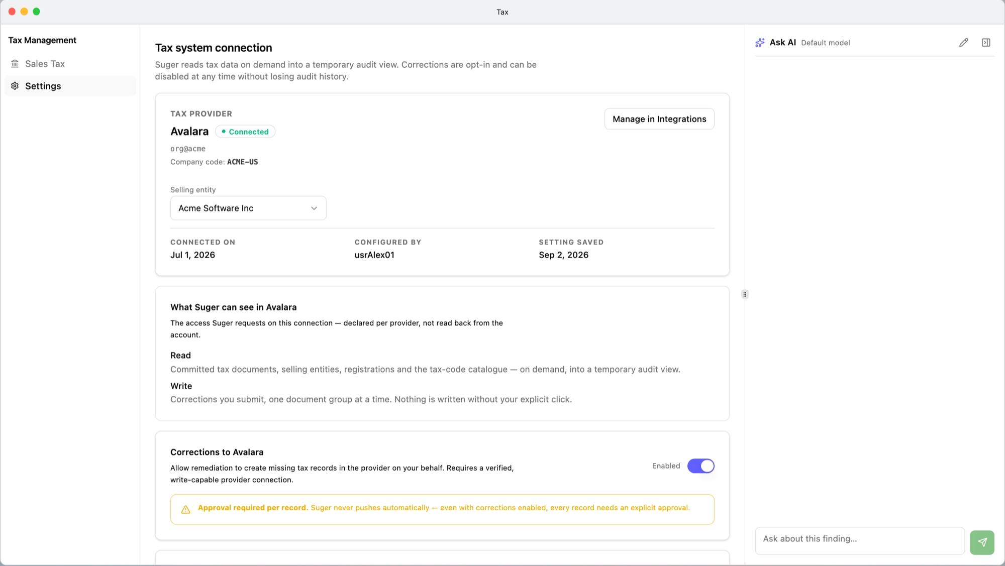 Tax Settings, Tax system connection: the Avalara provider card with its Connected chip, company code, Selling entity select, and Connected on, Configured by, and Setting saved; the card listing what the connection reads and writes; and the Corrections to Avalara card with the switch on and the Approval required per record notice