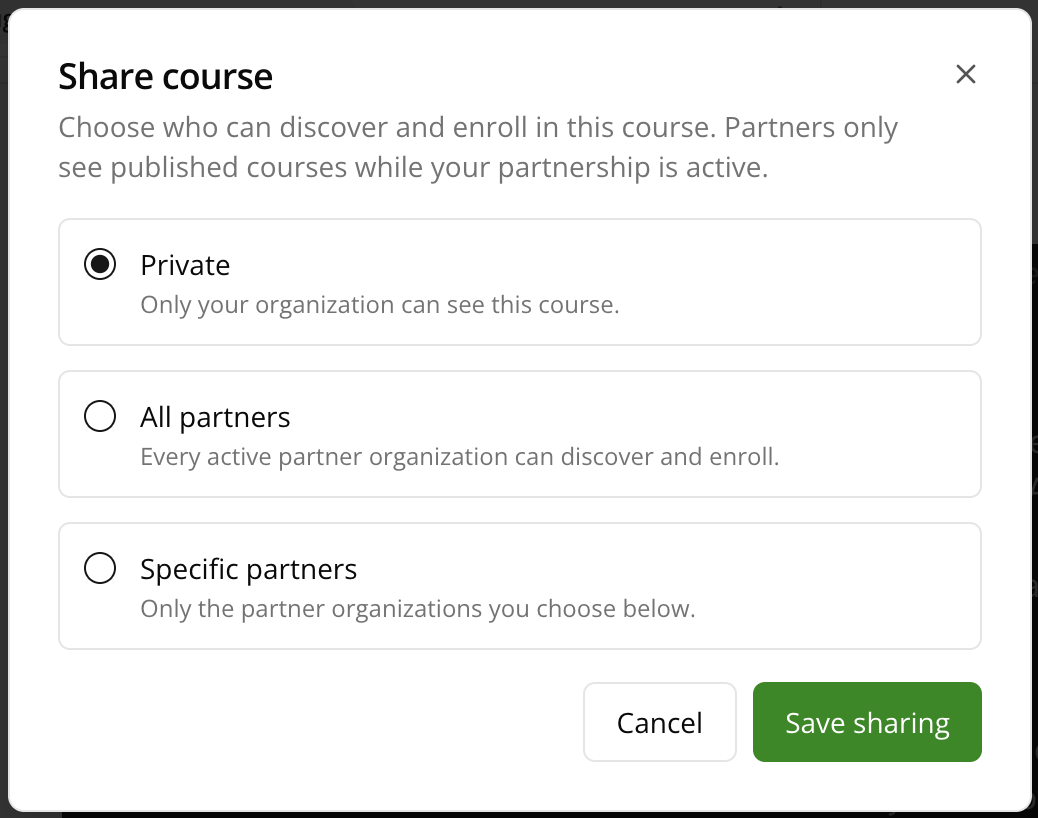 Sharing options with Private, All partners, and Specific partners