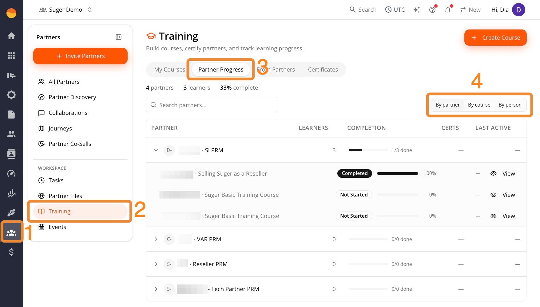 Partner Progress tab with By partner, By course, and By person views