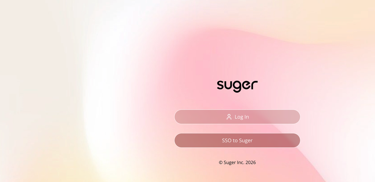 The console sign-in page with the Suger logo, a Log In button, and an SSO to Suger button for an organization named Suger