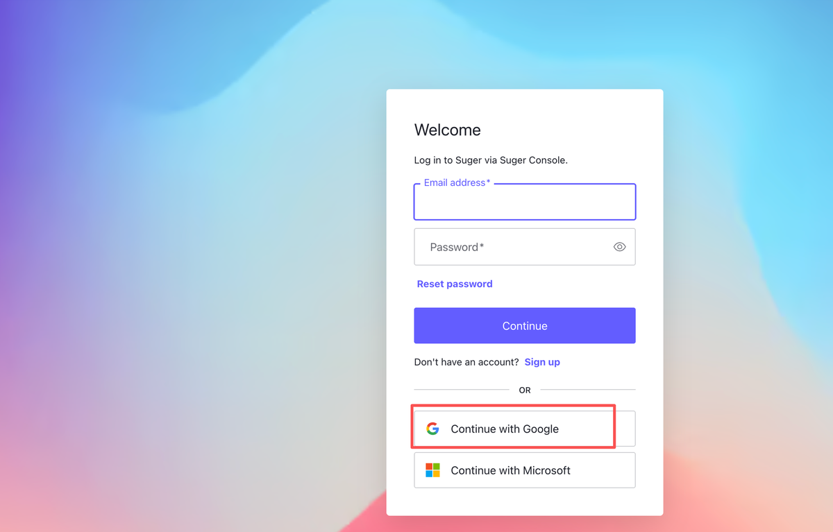The login form, headed Log in to Suger via Suger Console, with email and password fields, the Continue with Google button highlighted, and Continue with Microsoft