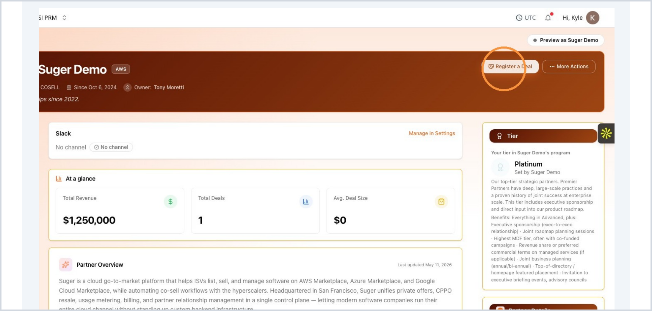 Partner portal overview with the Register a Deal action