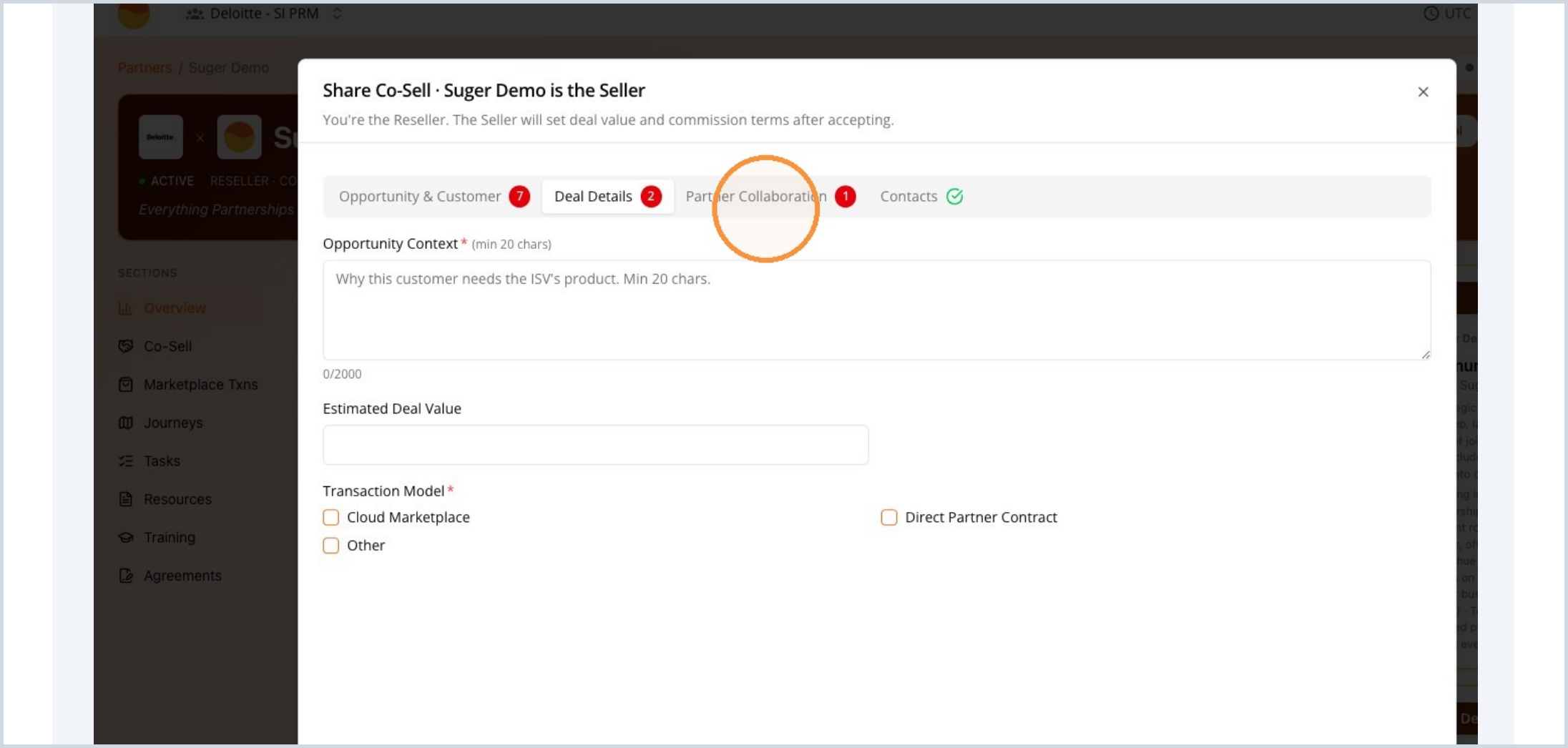 Deal details, estimated value, and transaction model
