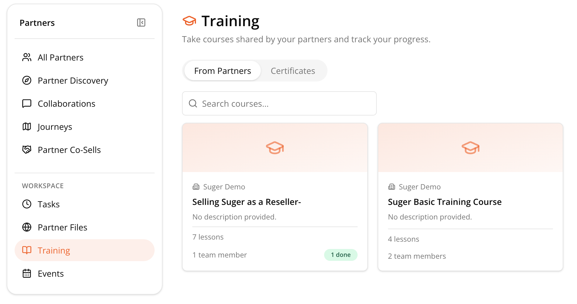 Training tab showing courses shared from partners