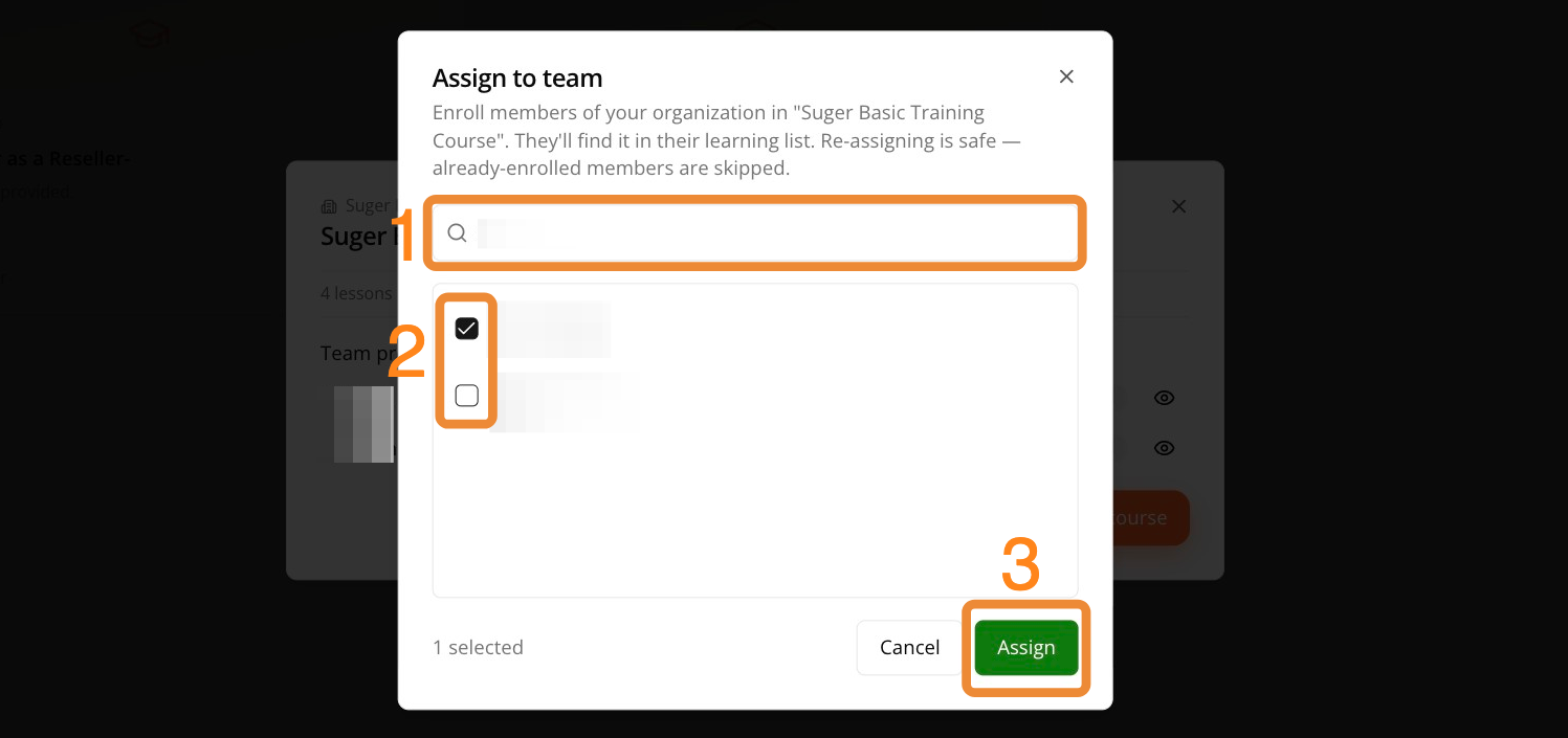Assign course dialog with teammate selection