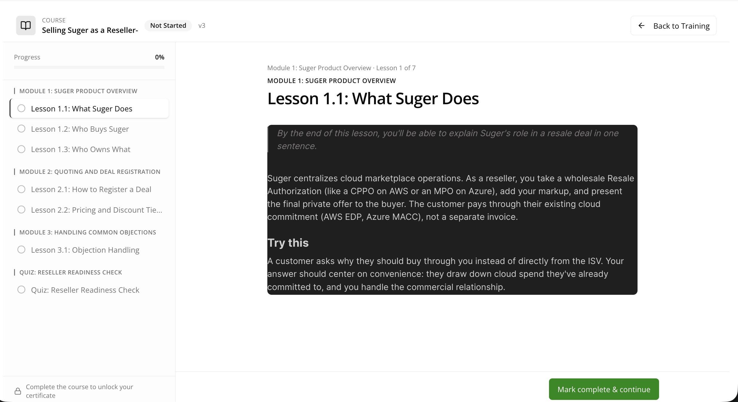 Course lesson view with the sidebar progress bar and Mark complete & continue button
