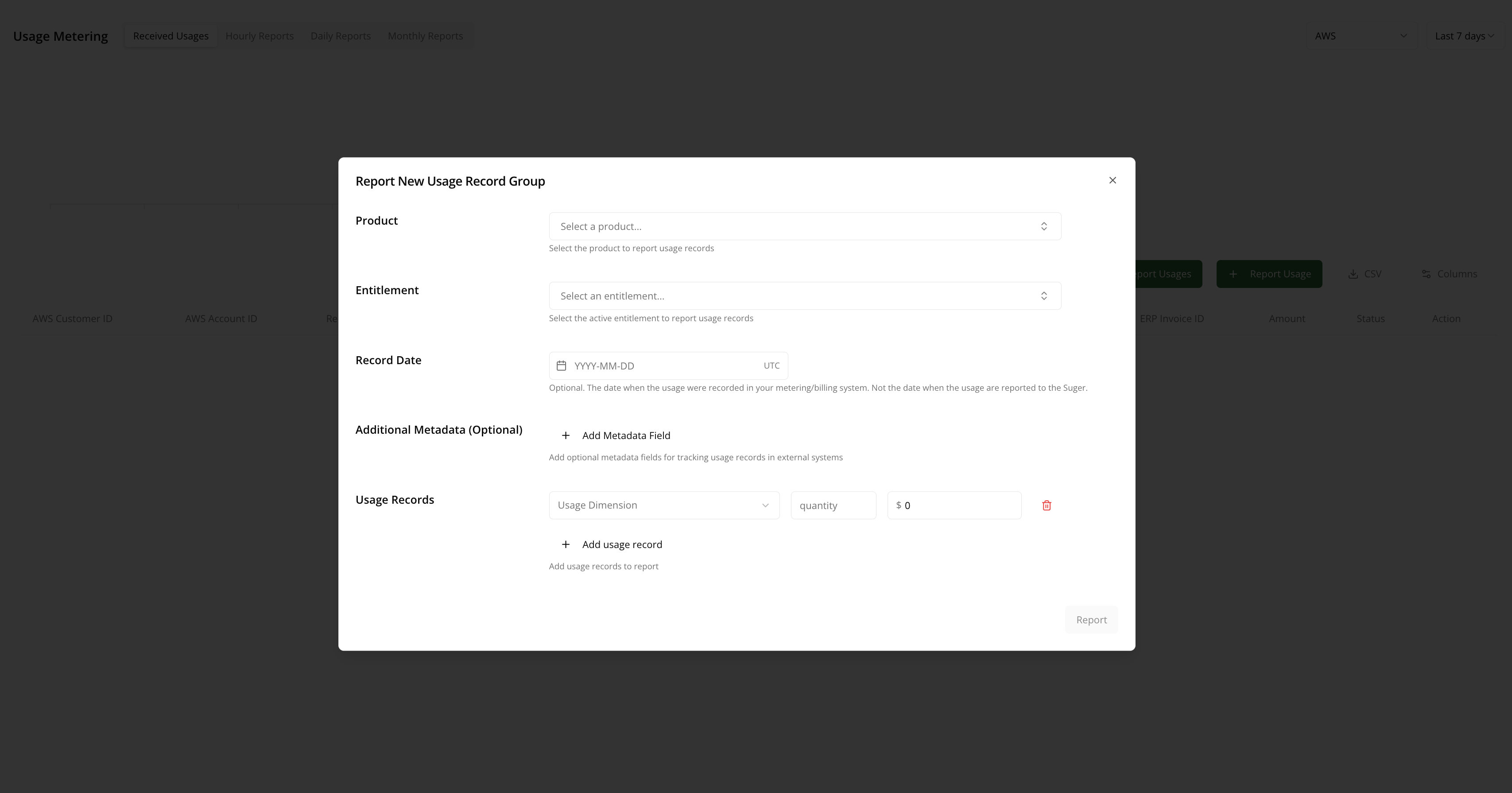 Report usage form in the Usage Metering console