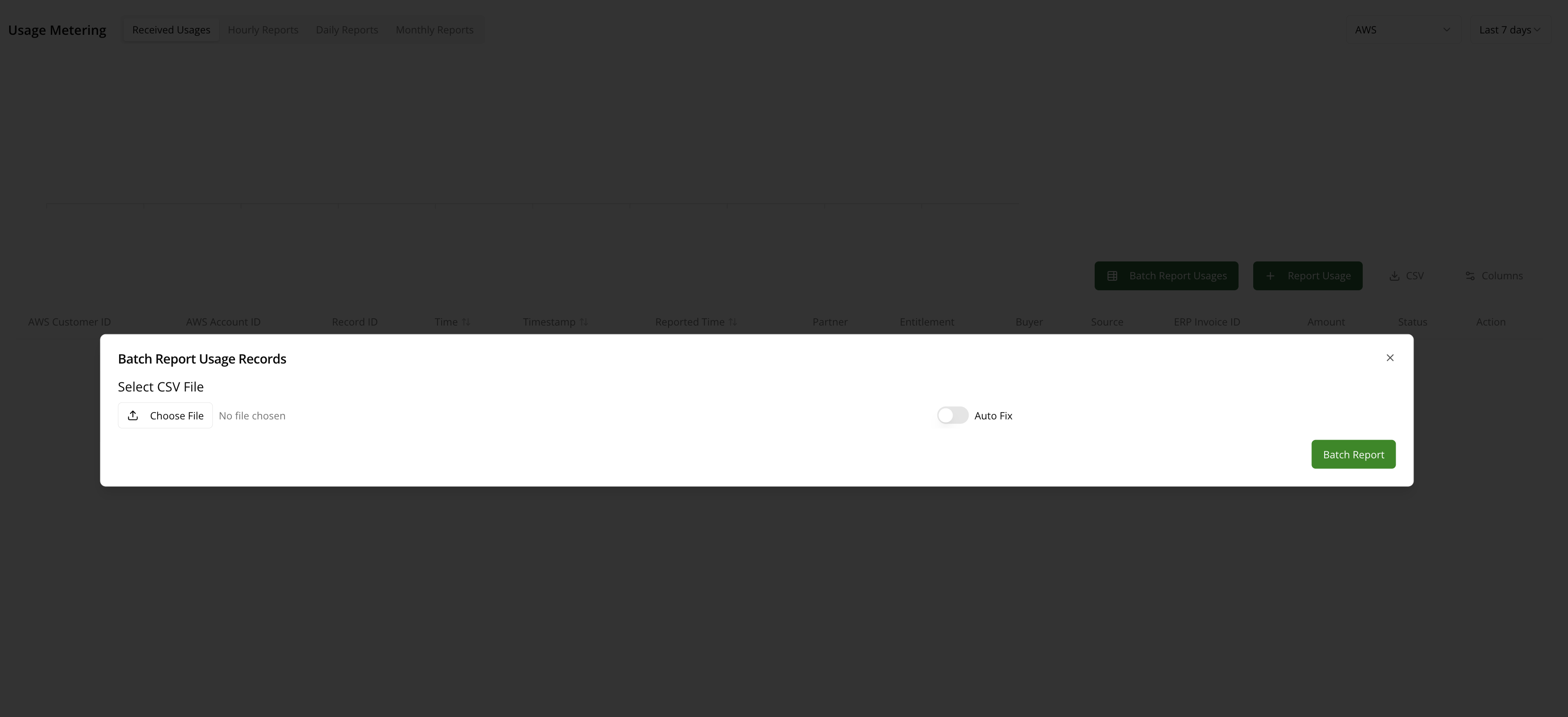 Batch report usages CSV upload dialog