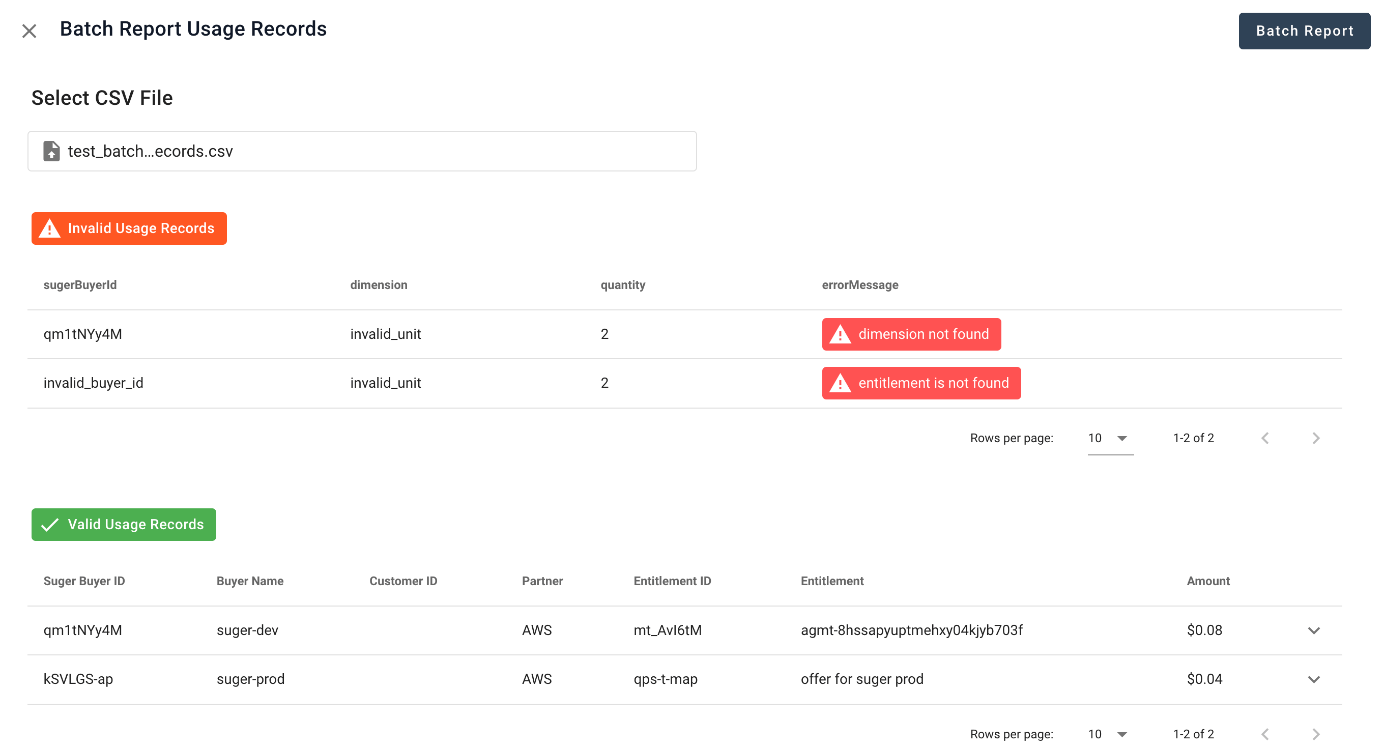 CSV validation feedback highlighting invalid rows