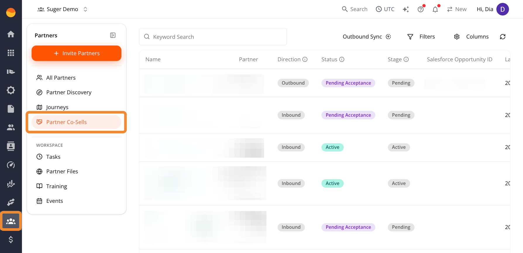 Partner Co-Sells list showing the Direction and Status columns