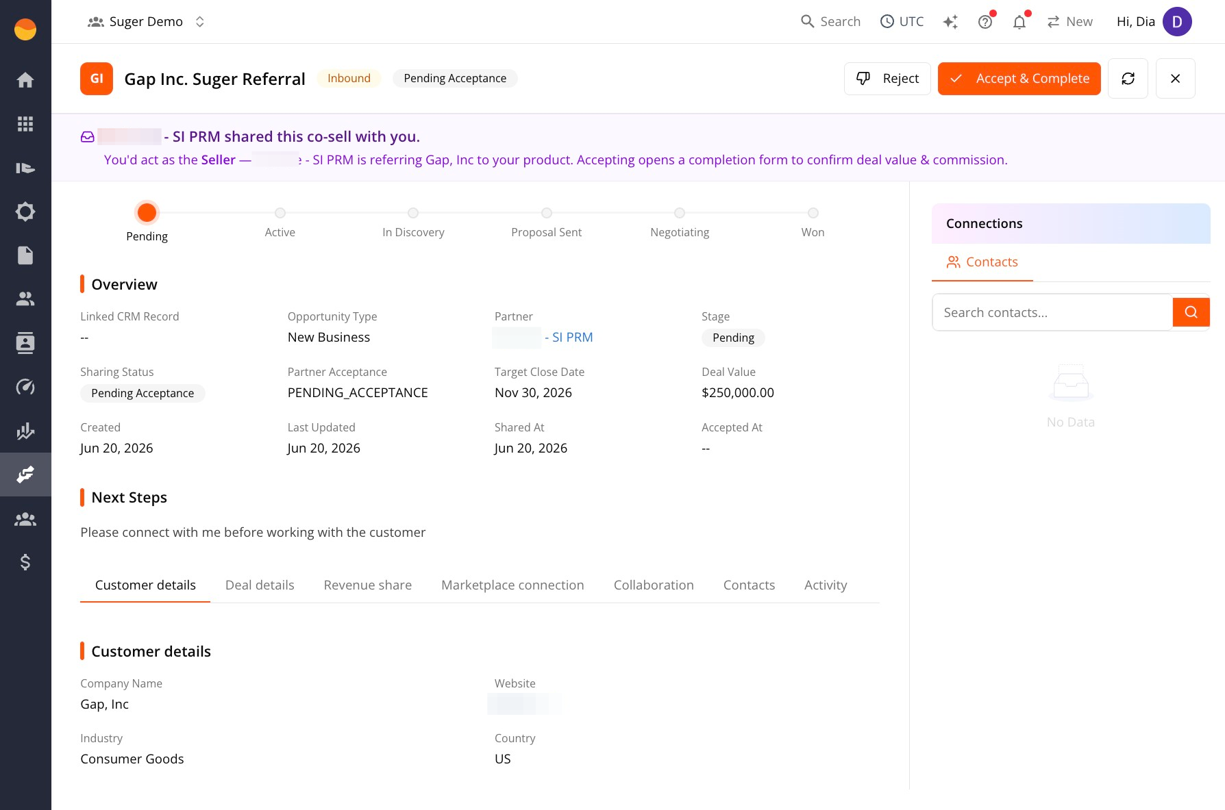 Inbound co-sell detail view with the banner and Overview section