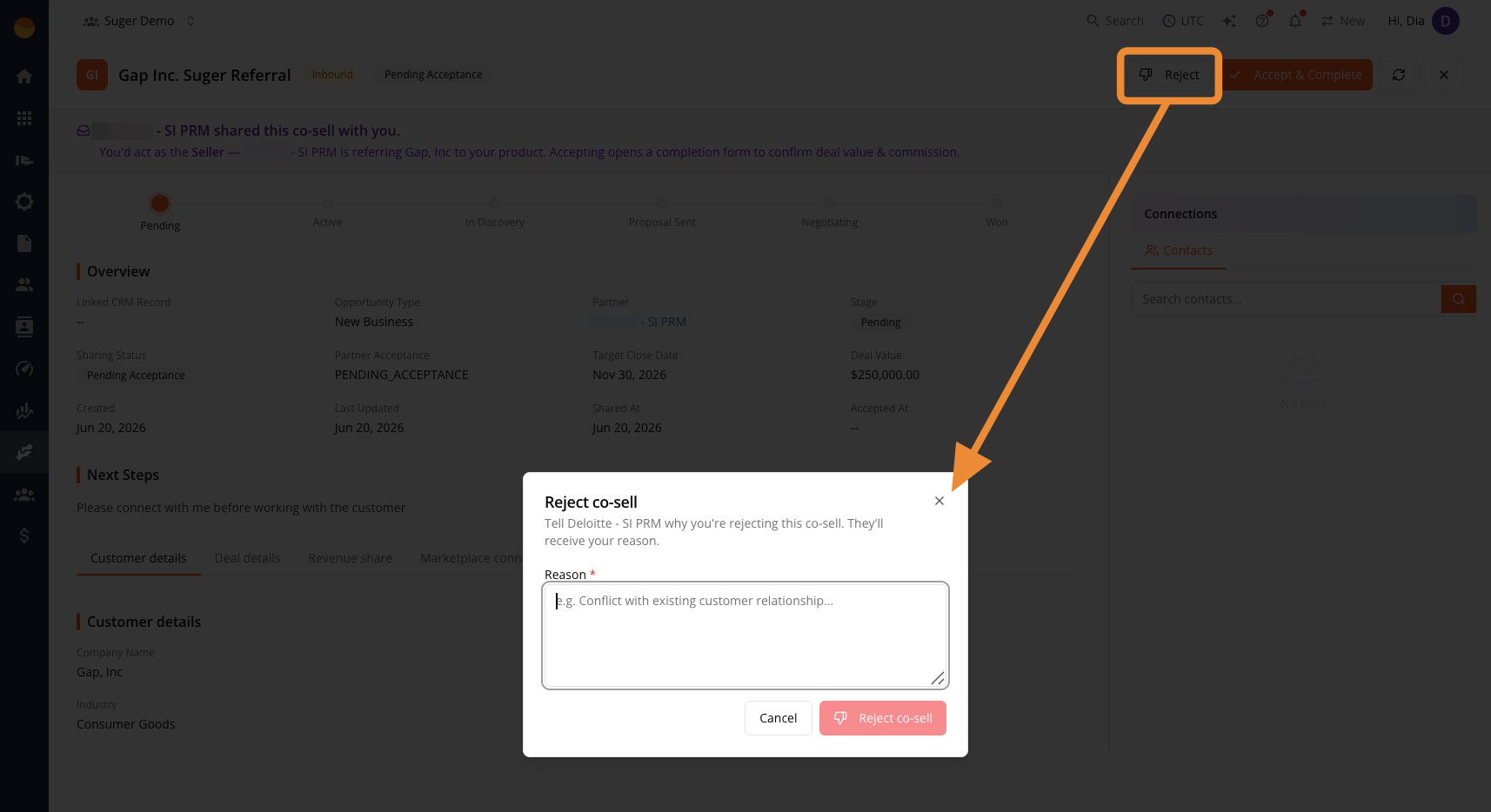 Reject co-sell window with the required Reason field
