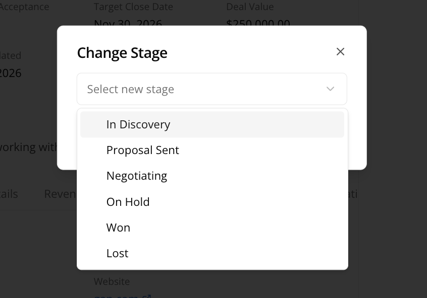 Deal pipeline stages from Pending through Won