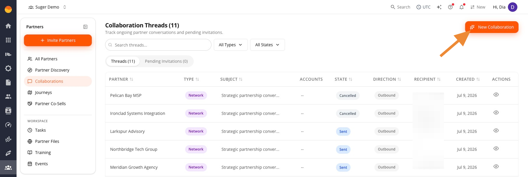 New Collaboration button on the Collaborations page