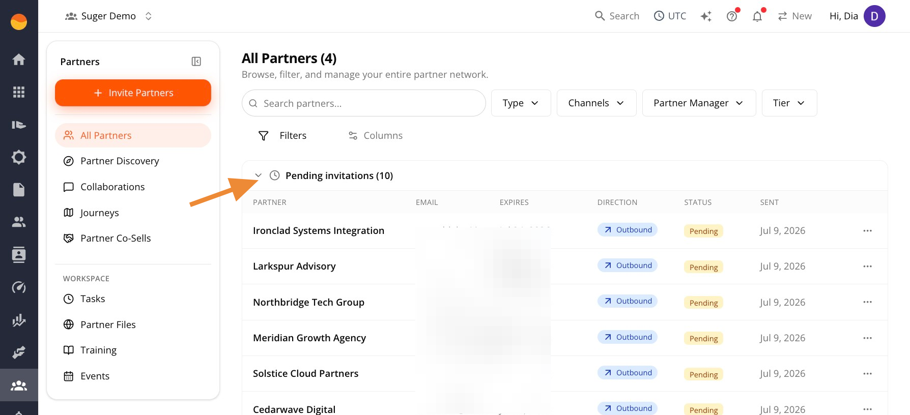 Pending Invitations list expanded on the Partners page