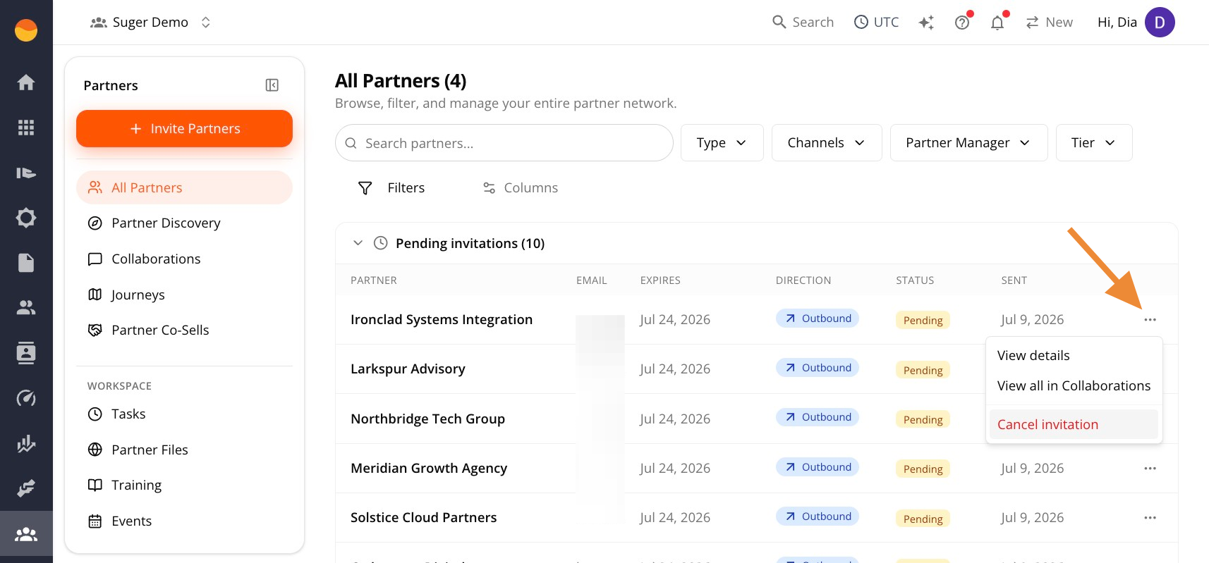 Options menu next to a pending invitation