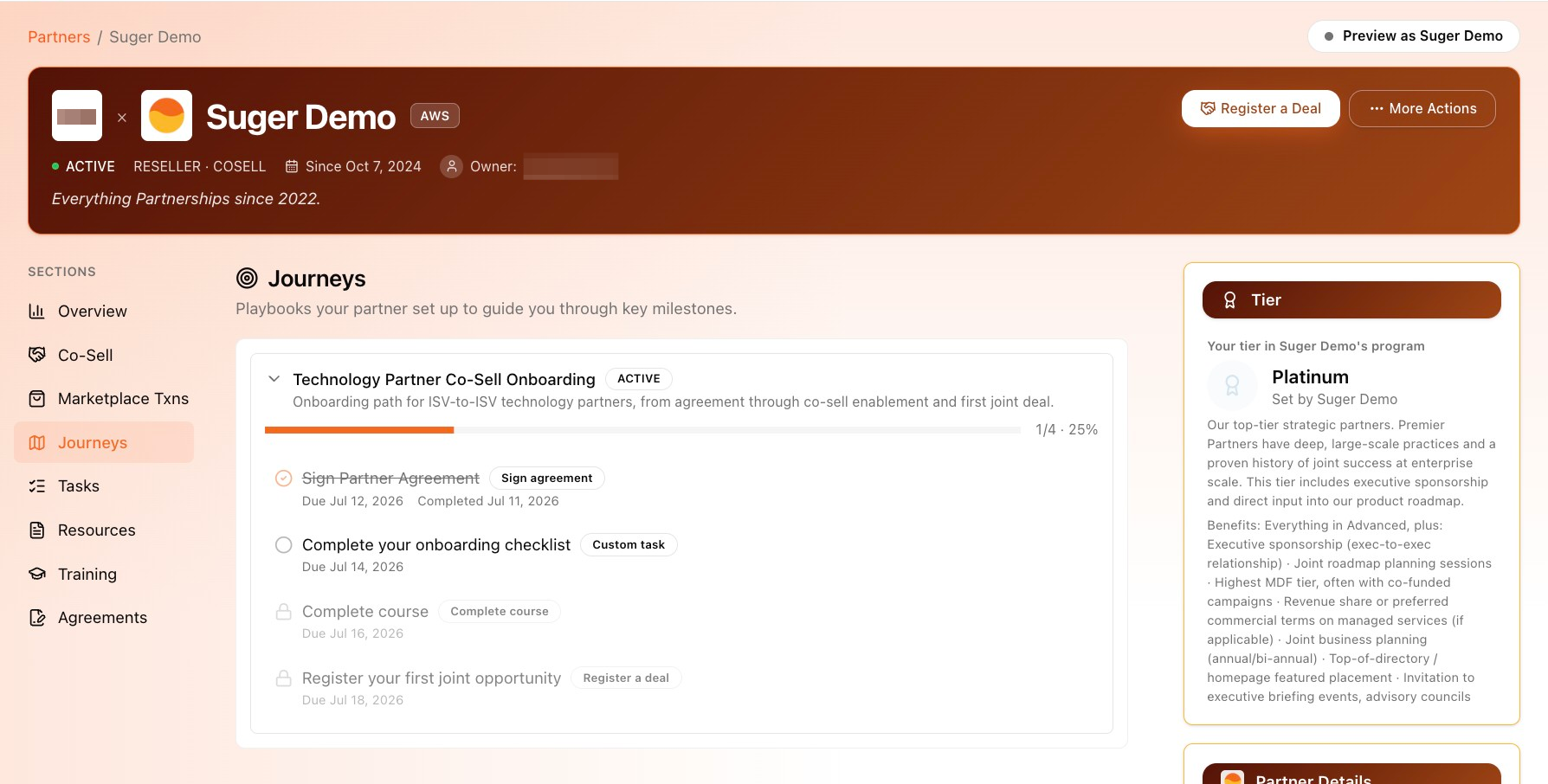 Journey card showing completed, open, and locked steps with a progress bar