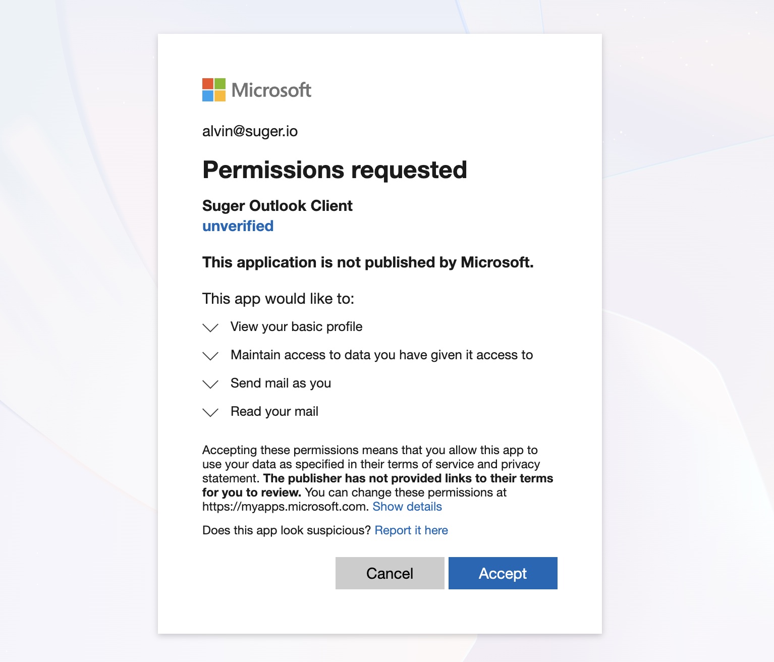 Microsoft Outlook User Consent