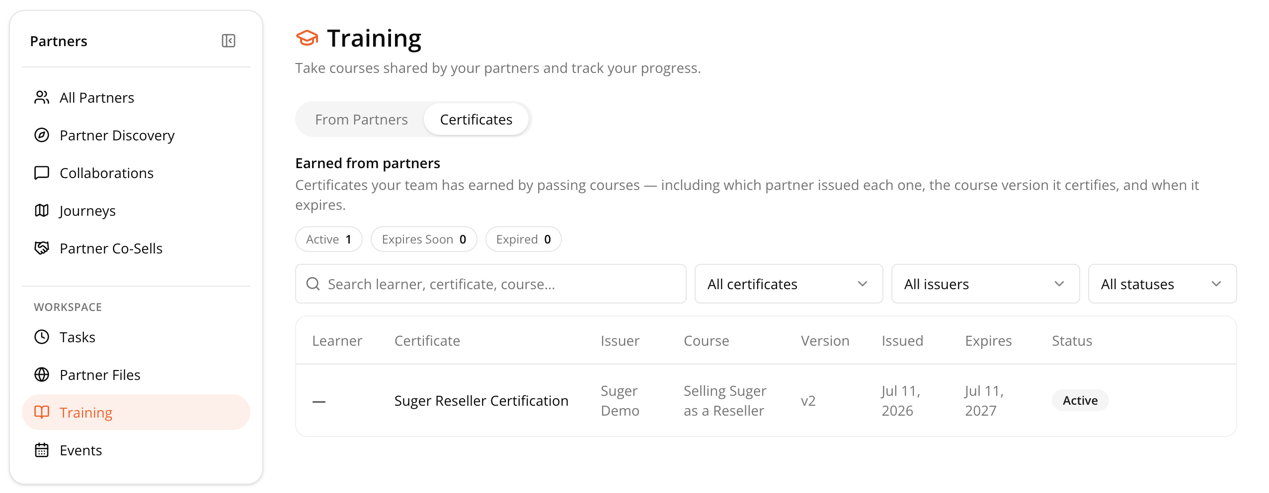 Certificates page with Active, Expires Soon, and Expired counters and the certificate list