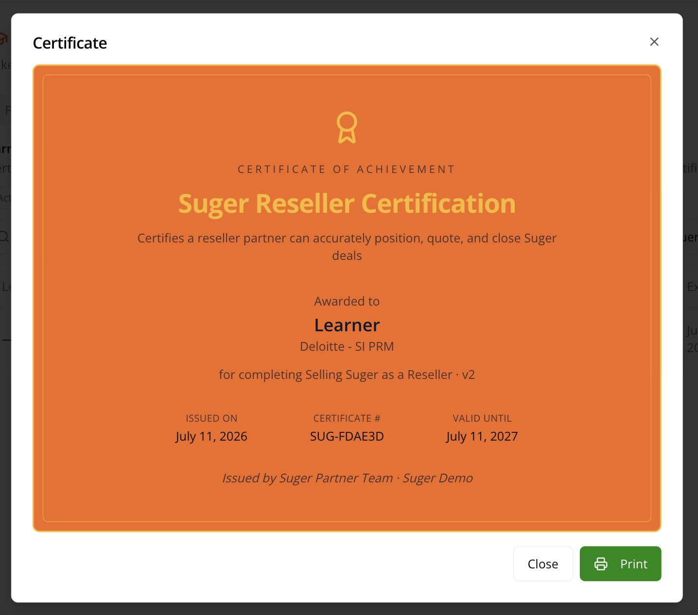 Certificate detail view with the Print option