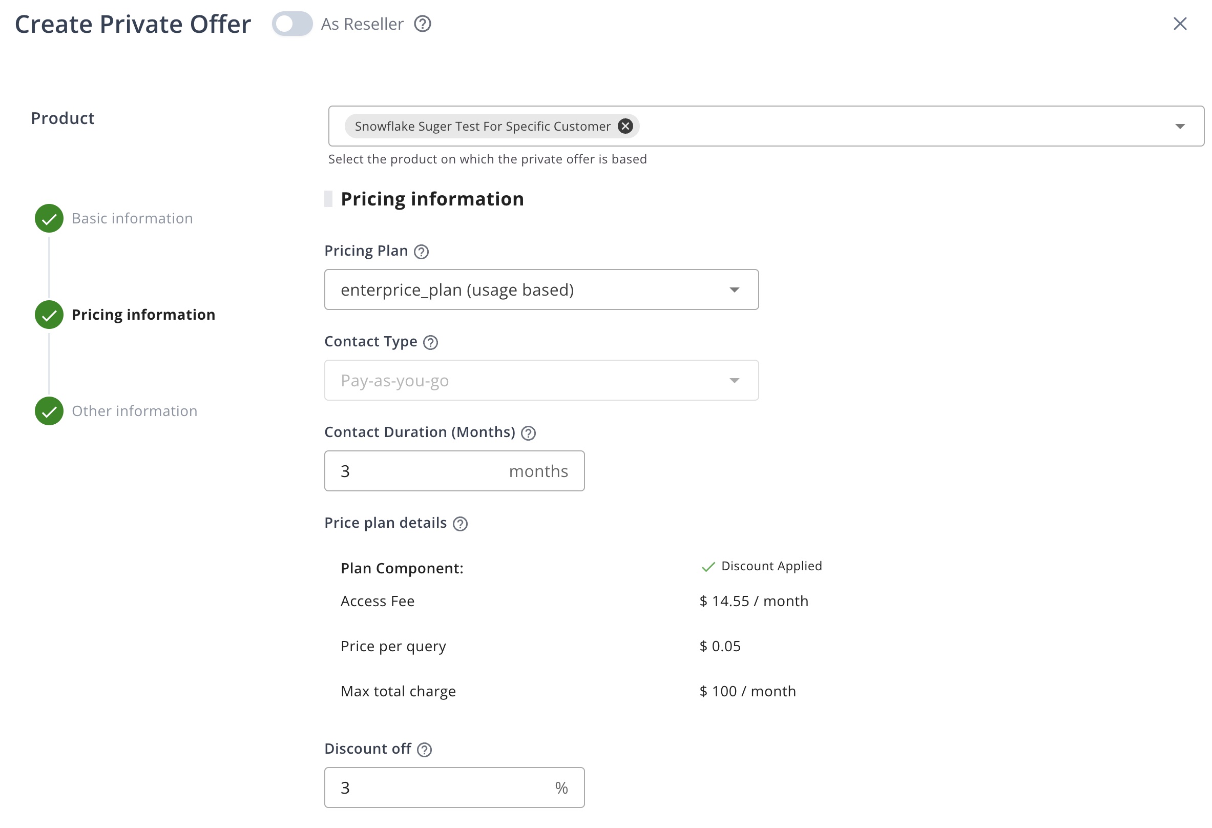 Create Private Offer Step 2 - Pay As You Go