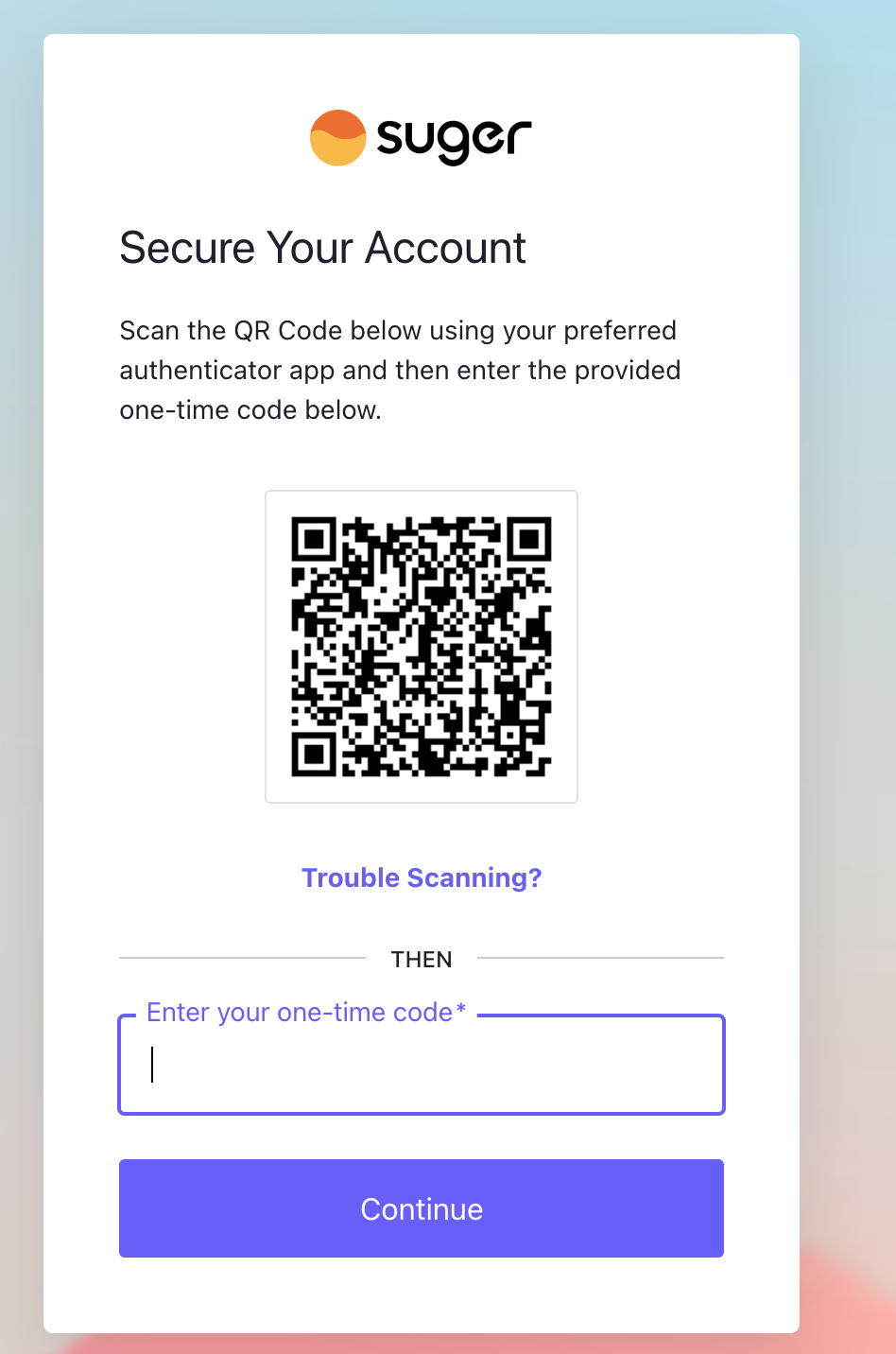 Suger Secure Your Account MFA setup screen with QR code